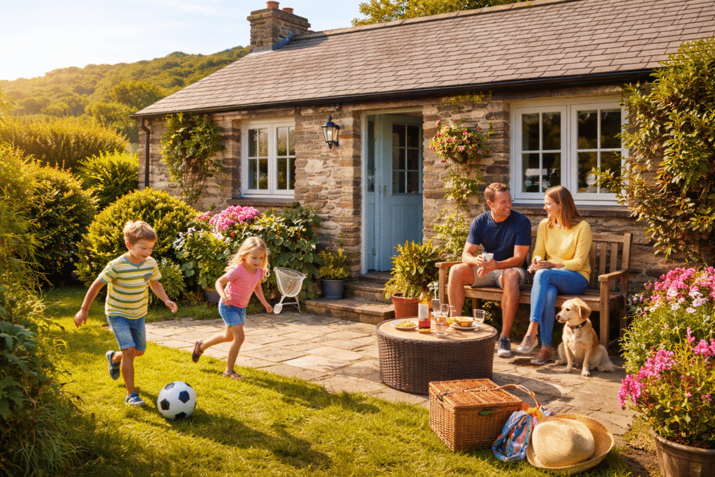 Family enjoying a sunny afternoon outside a traditional stone cottage in West Wales, with children playing on the lawn and parents relaxing in a garden setting.