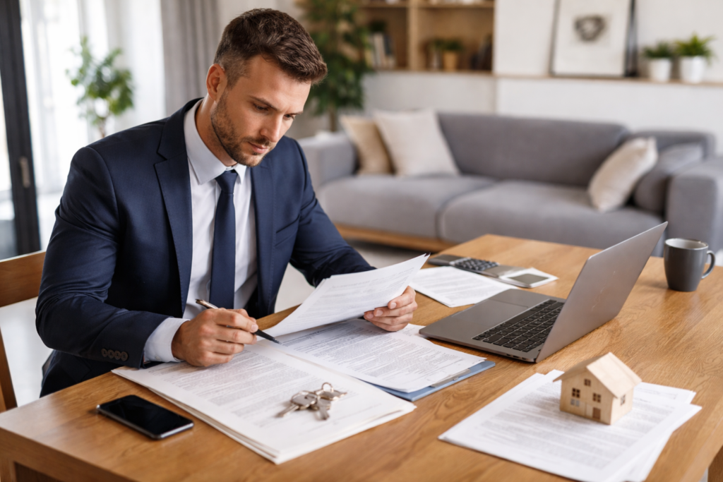 Company director reviewing mortgage documents at home with laptop and house keys, planning property purchase using business income