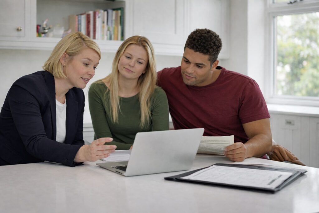 Mortgage adviser explaining mortgage options to a couple reviewing paperwork at home with laptop and documents