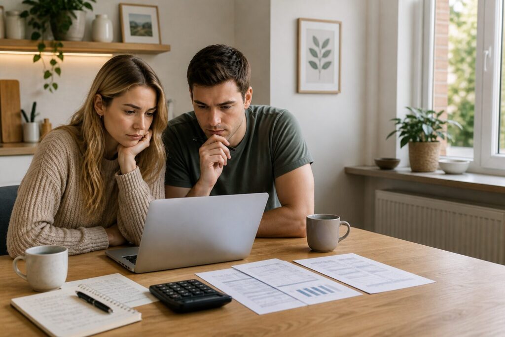 Young couple reviewing finances at a laptop in a modern home, planning their first mortgage