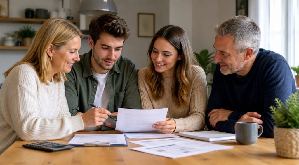 Family discussing a guarantor mortgage around a dining table while reviewing paperwork and financial documents for a first-time home purchase.