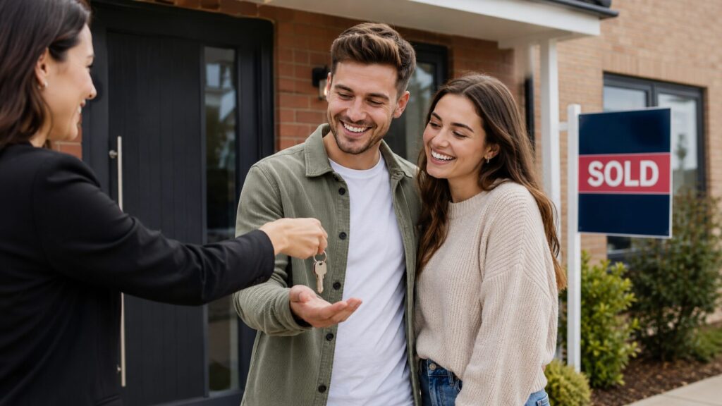 Young first-time buyer couple receiving the keys to their new home after securing a guarantor mortgage