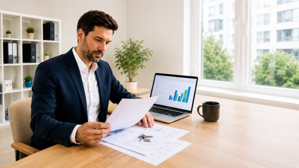 Company director reviewing mortgage documents and borrowing options with specialist mortgage adviser