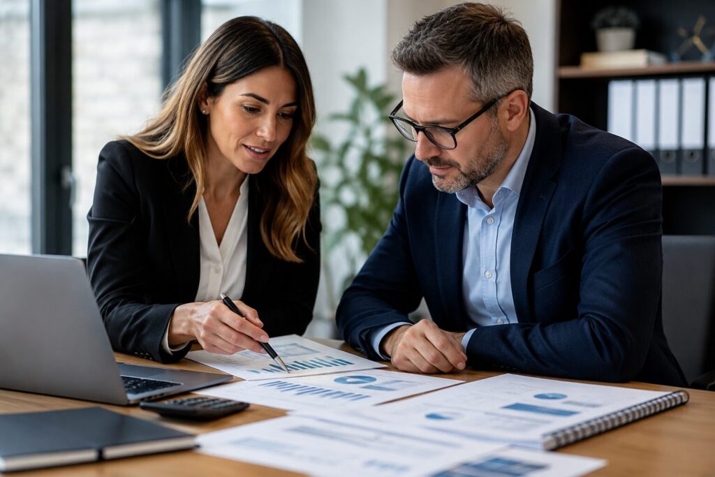 Mortgage adviser reviewing company financial documents with a company director to assess mortgage affordability