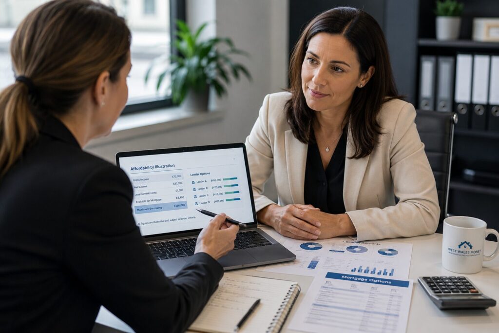 Mortgage adviser explaining mortgage affordability and lender options to a female company director during a consultation