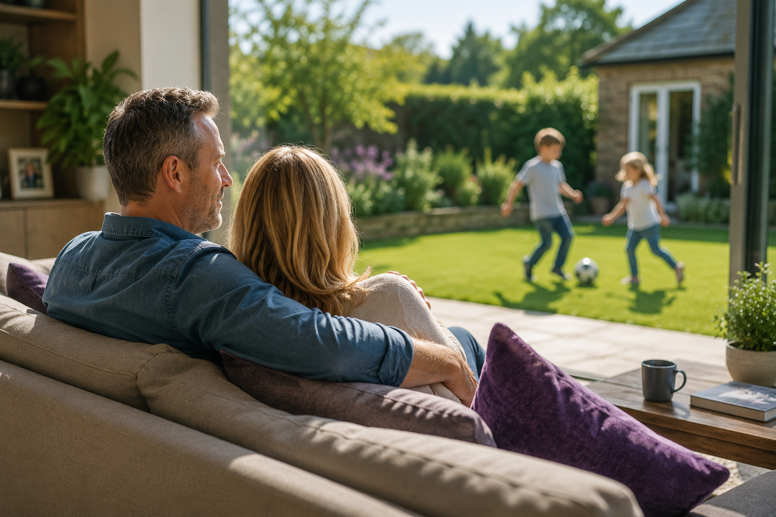 Company director and partner watching their children play at home, representing family protection and future financial security.