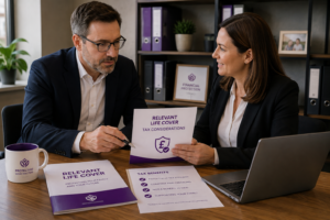 Company director discussing Relevant Life Cover tax considerations and company-paid premiums with a specialist protection adviser.