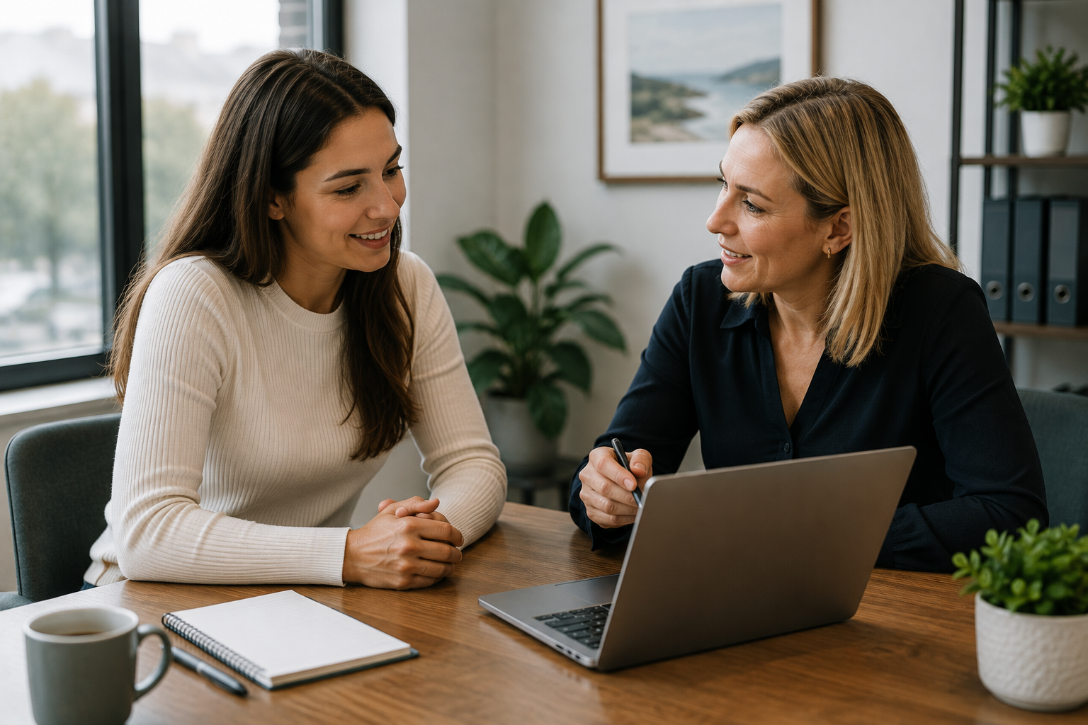 Mortgage adviser discussing Buy-to-Let mortgage options with a property investor during an office meeting.
