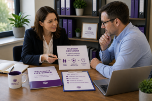 Company director discussing a Relevant Life Cover scenario and family protection needs with a specialist protection adviser.