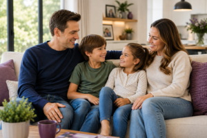 Company director spending time with his family at home, highlighting the importance of family protection with Relevant Life Cover.