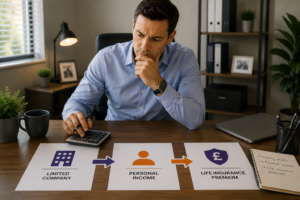 Company director reviewing the financial journey from limited company income to personal income and life insurance premiums.