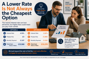 Mortgage adviser comparing interest rates, product fees and overall mortgage costs, showing why a lower rate is not always the cheapest option.