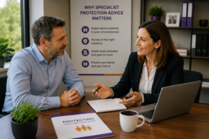 Company director discussing Relevant Life Cover and family protection needs with a specialist protection adviser.