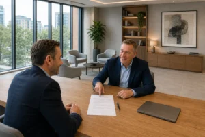 Company director discussing shareholder protection insurance with a professional adviser