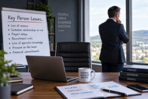 Company director considering the financial impact on his business if a key person dies, including lost revenue, recruitment costs and business disruption.