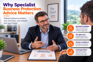 Specialist adviser discussing Business Protection with a company director to help identify suitable cover for the business, its borrowing and its people.