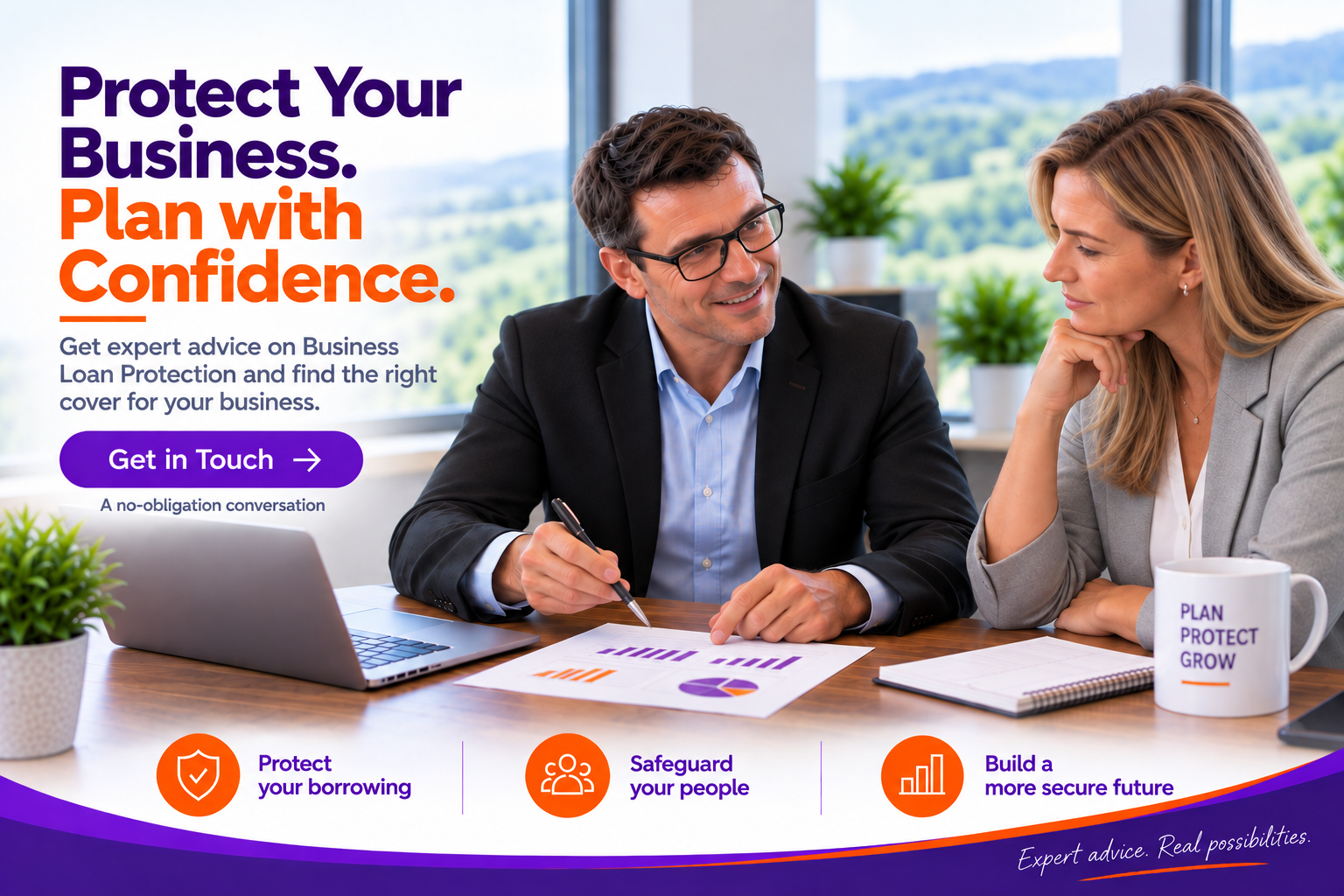 Specialist adviser reviewing business finances with a female company director, illustrating how Business Loan Protection can help protect borrowing and support business continuity.