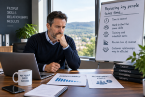 Company director considering the challenges and financial impact of replacing a key person, including recruitment costs, lost revenue and customer relationships.