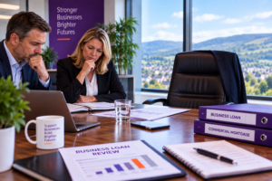 Concerned business partners reviewing company borrowing following the loss of a director, illustrating Business Loan Protection.