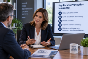 Female company director discussing Key Person Protection Insurance and how it can help protect cash flow, profits and business continuity.