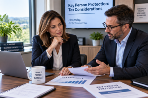 Company director discussing Key Person Protection tax considerations with an adviser, including business tax planning and protection.