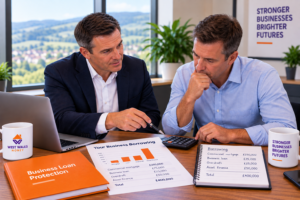 Adviser and company director calculating business borrowing to determine an appropriate level of Business Loan Protection.