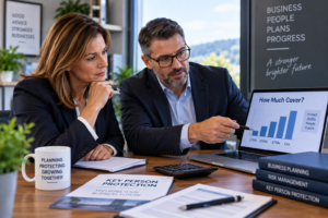 Company director discussing how much Key Person Protection cover a business may need, considering profits, financial risks and business continuity.