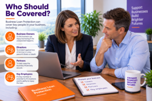 Male and female business professionals discussing who should be covered by Business Loan Protection, including business owners, directors, partners and key employees.