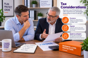 Company director meeting with an accountant to discuss the tax considerations of Business Loan Protection and company borrowing.