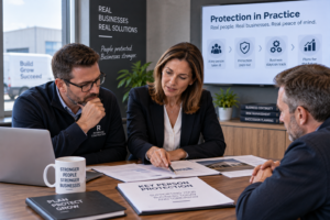 Company directors discussing Key Person Protection in practice and how cover can support business continuity following the loss or serious illness of a key person.