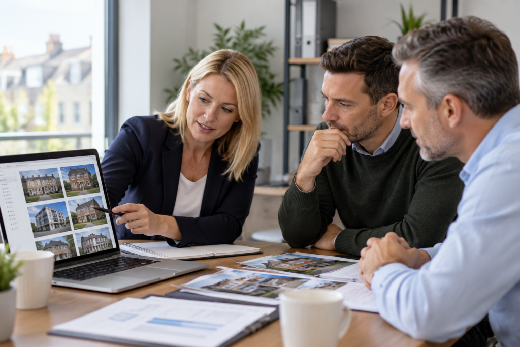 Property investors reviewing a property portfolio and mortgage options with an adviser