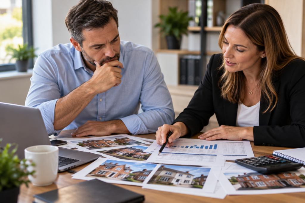 Property investor reviewing investment properties and mortgage finance options with an adviser