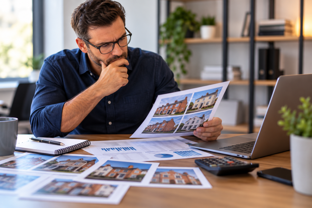 Portfolio landlord reviewing investment properties and financial figures for future property purchases