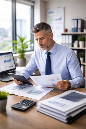 Company director reviewing financial reports and company accounts in a professional office setting, representing complex income mortgage planning.