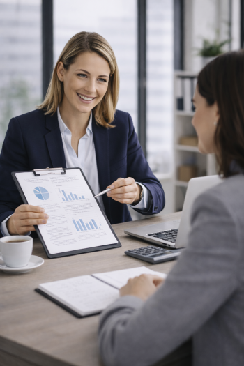 Two professionally dressed women reviewing financial documents together across a desk in a modern office setting.