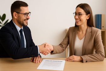 Two professionals shaking hands with signed director/shareholder paperwork on the table.
